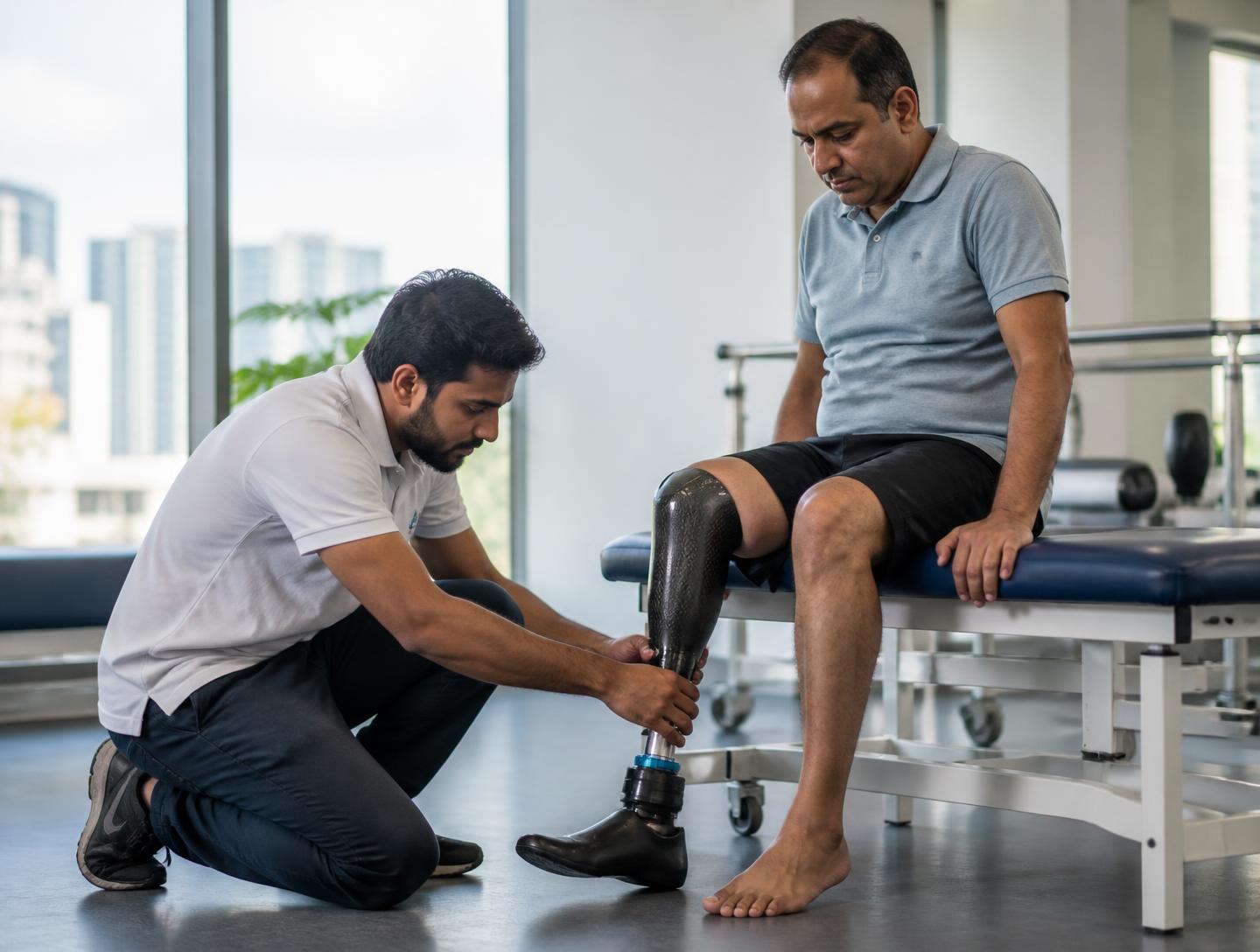 Prosthetist aligning a below-knee prosthesis for a patient at Mahavir Enterprises, Pune